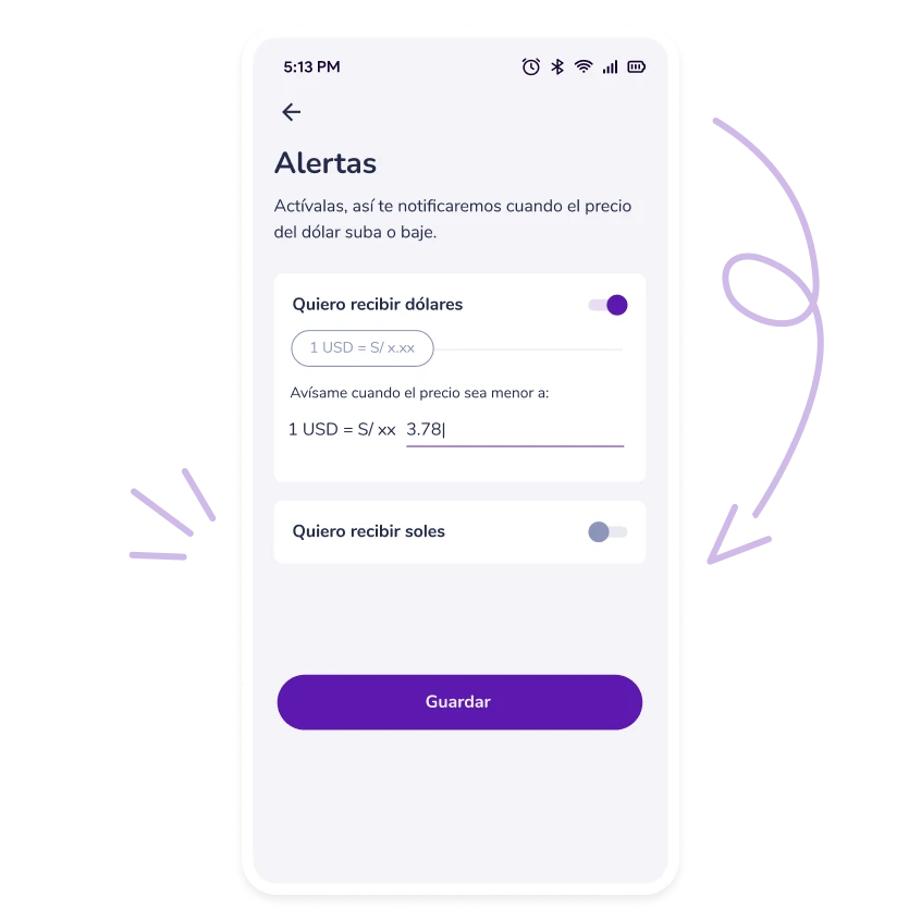 Pantalla de alertas de Prexpe para el cambio de dólar